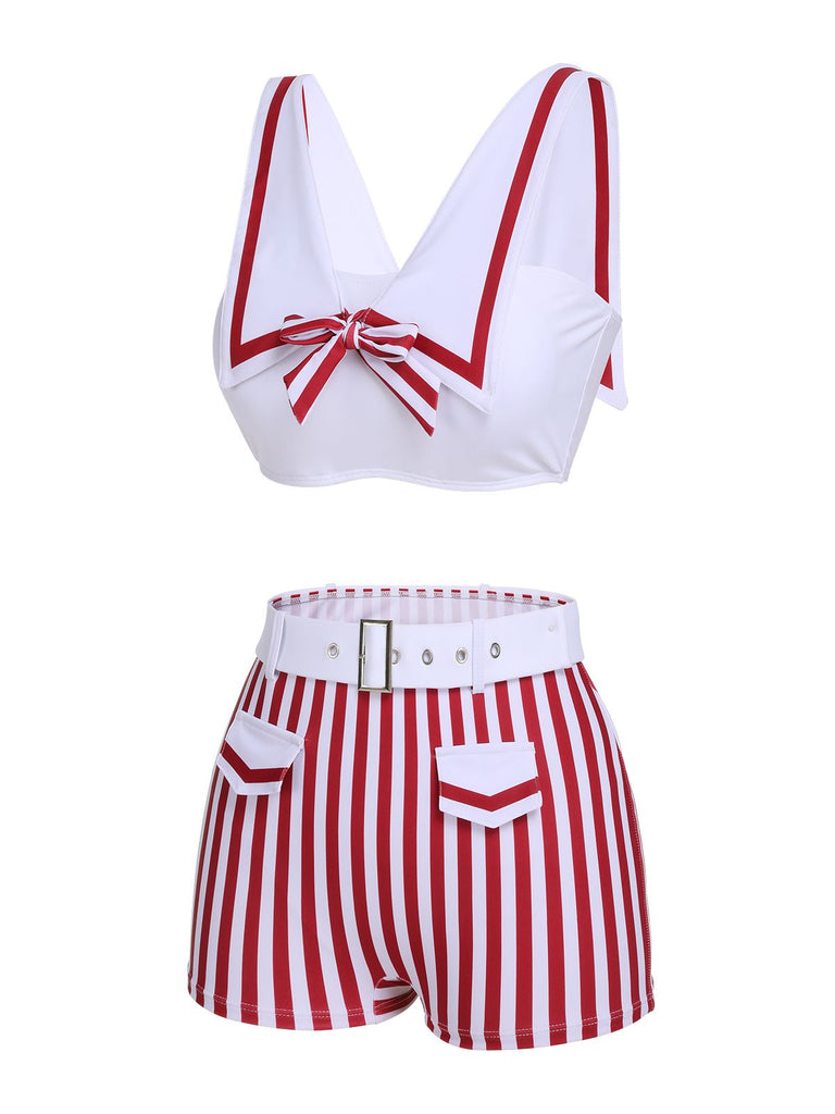 Maillot de bain blanc et rouge marin poches rayures