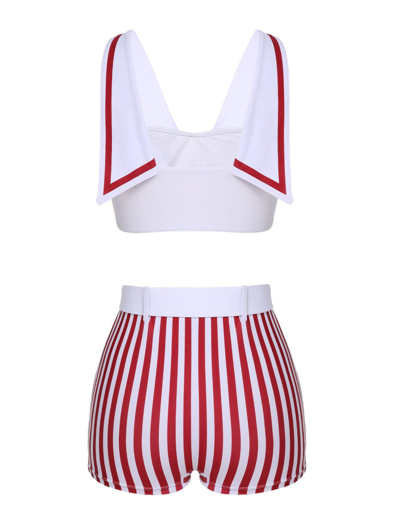 Maillot de bain blanc et rouge marin poches rayures