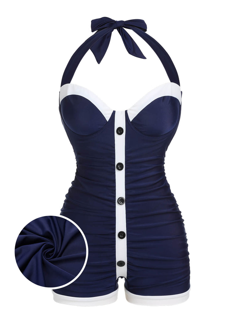 Maillot de bain bleu marine à licou plissé années 1950 grande taille