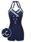 Maillot de bain uni bleu marine ceinture boutonnée dos nu