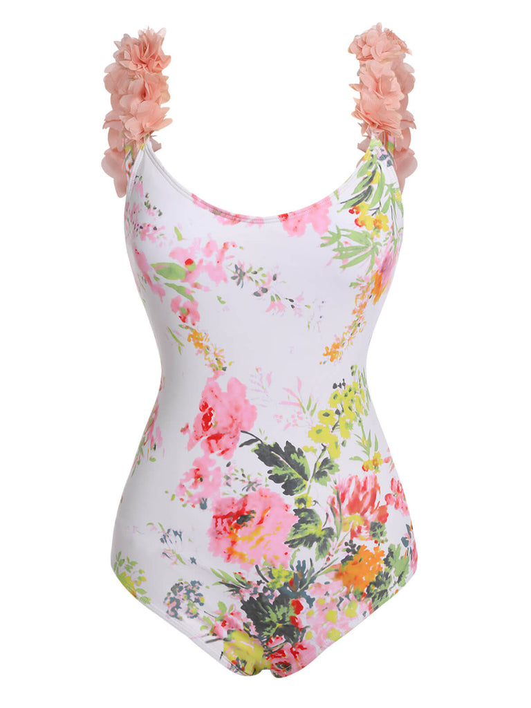 Maillot de bain dos nu à fleurs rose clair des années 1950