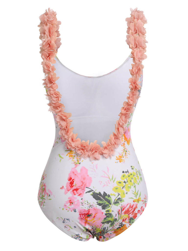 Maillot de bain dos nu à fleurs rose clair des années 1950