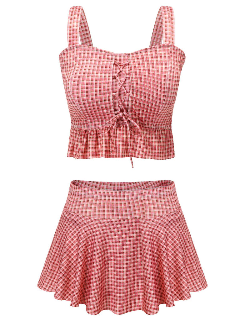 Maillot de bain rose à carreaux années 40 à lacets
