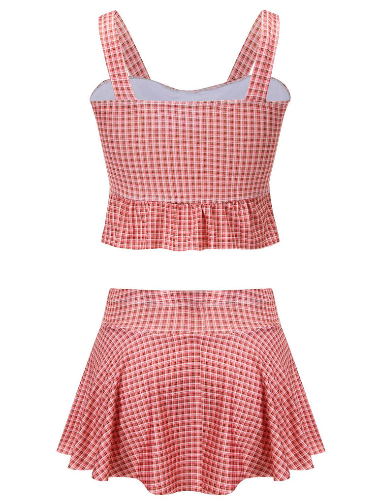 Maillot de bain rose à carreaux années 40 à lacets