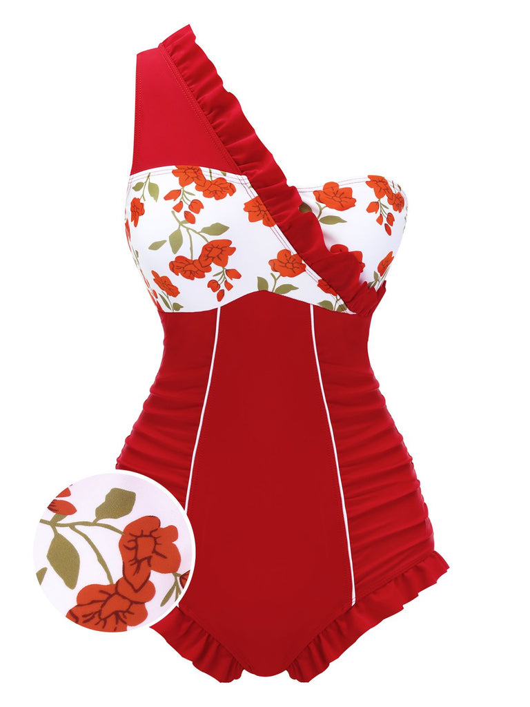 Maillot de bain une pièce à volants à une épaule années 1950
