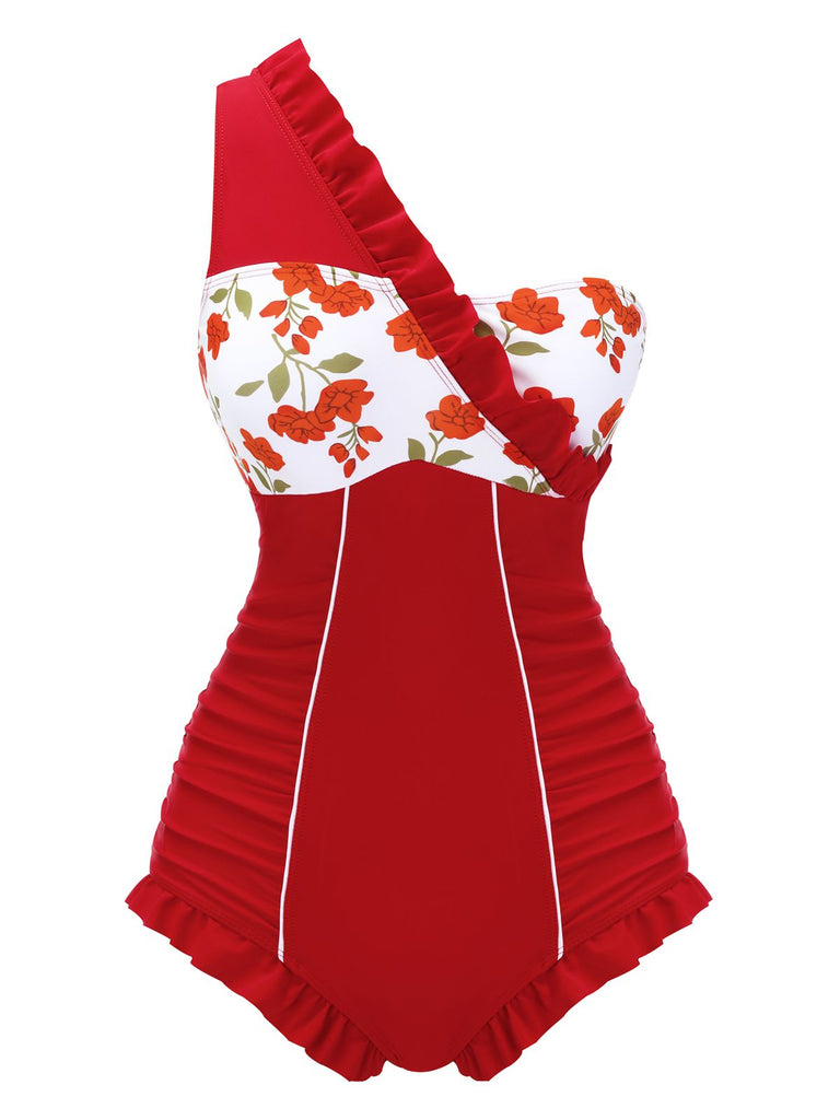 Maillot de bain une pièce à volants à une épaule années 1950