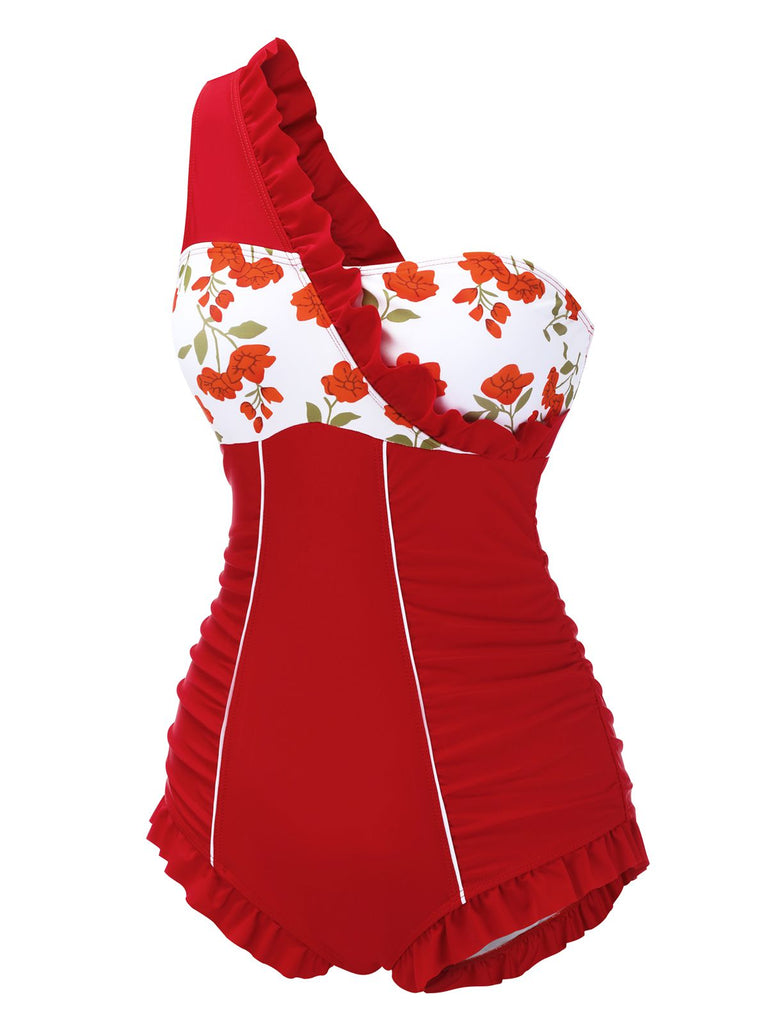 Maillot de bain une pièce à volants à une épaule années 1950