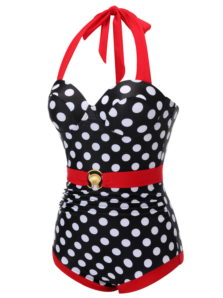 Maillot de bain noir et rouge dos nu à pois des années 1950