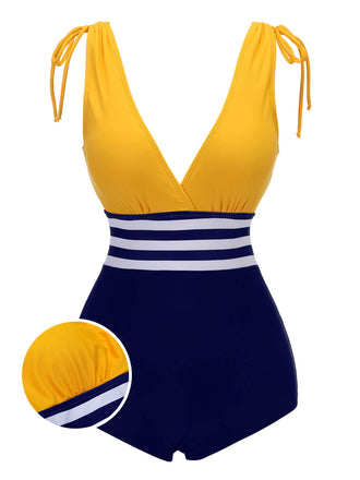 Maillot de bain rayé jaune et bleu années 50 à lacets