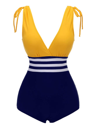 Maillot de bain rayé jaune et bleu années 50 à lacets