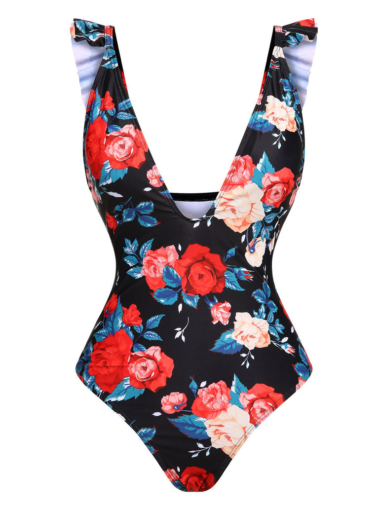 Maillot de bain une pièce à col en V profond des années 1940