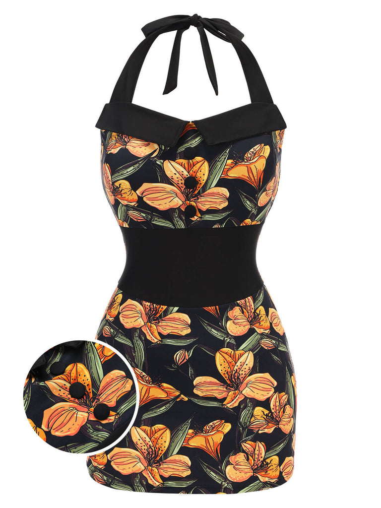 Maillot de bain noir à revers des années 1950 fleur antique