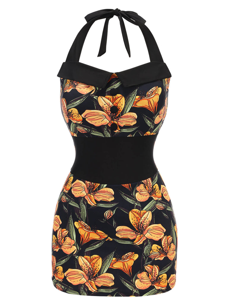 Maillot de bain noir à revers des années 1950 fleur antique