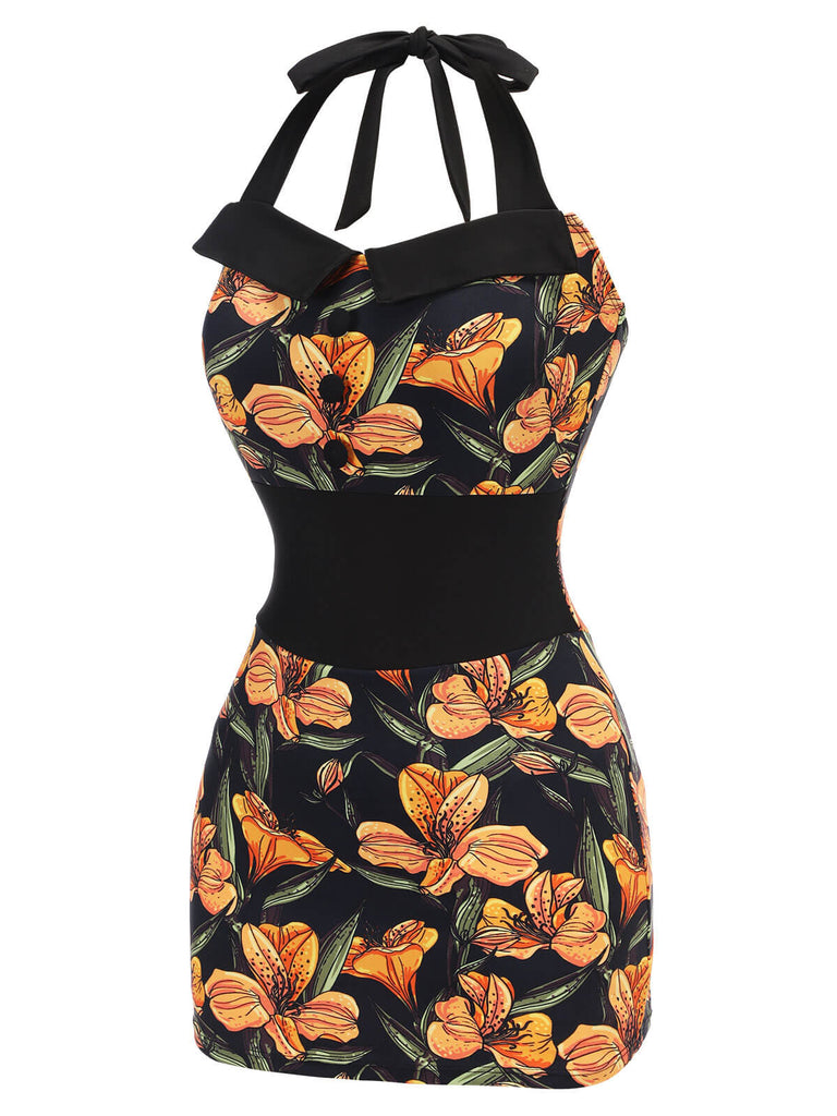 Maillot de bain noir à revers des années 1950 fleur antique