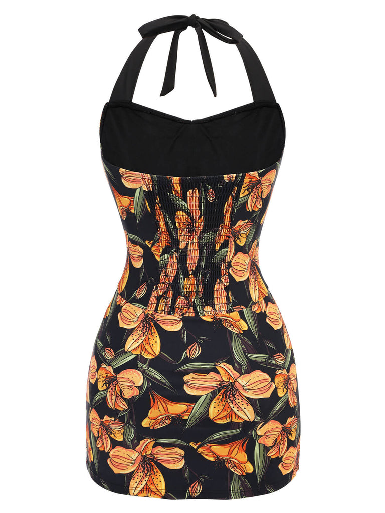 Maillot de bain noir à revers des années 1950 fleur antique