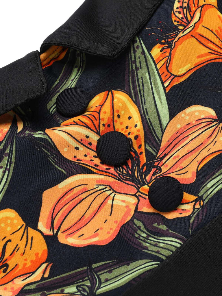 Maillot de bain noir à revers des années 1950 fleur antique
