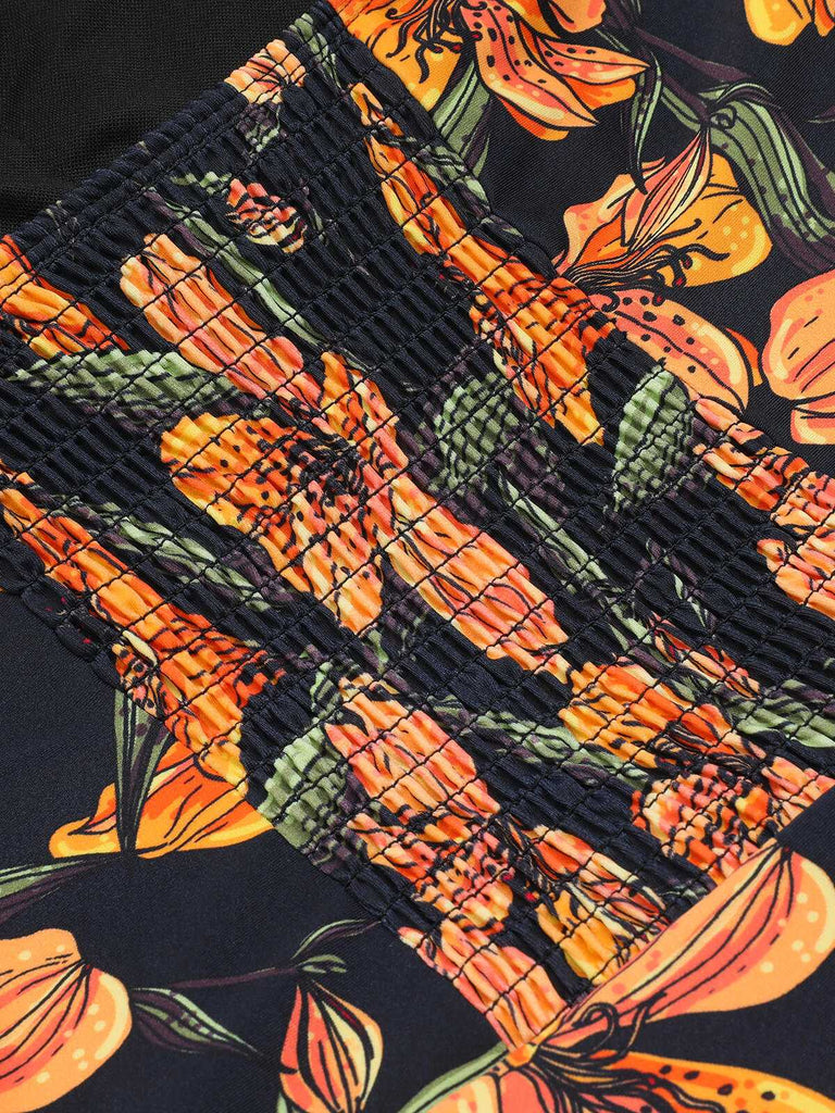 Maillot de bain noir à revers des années 1950 fleur antique