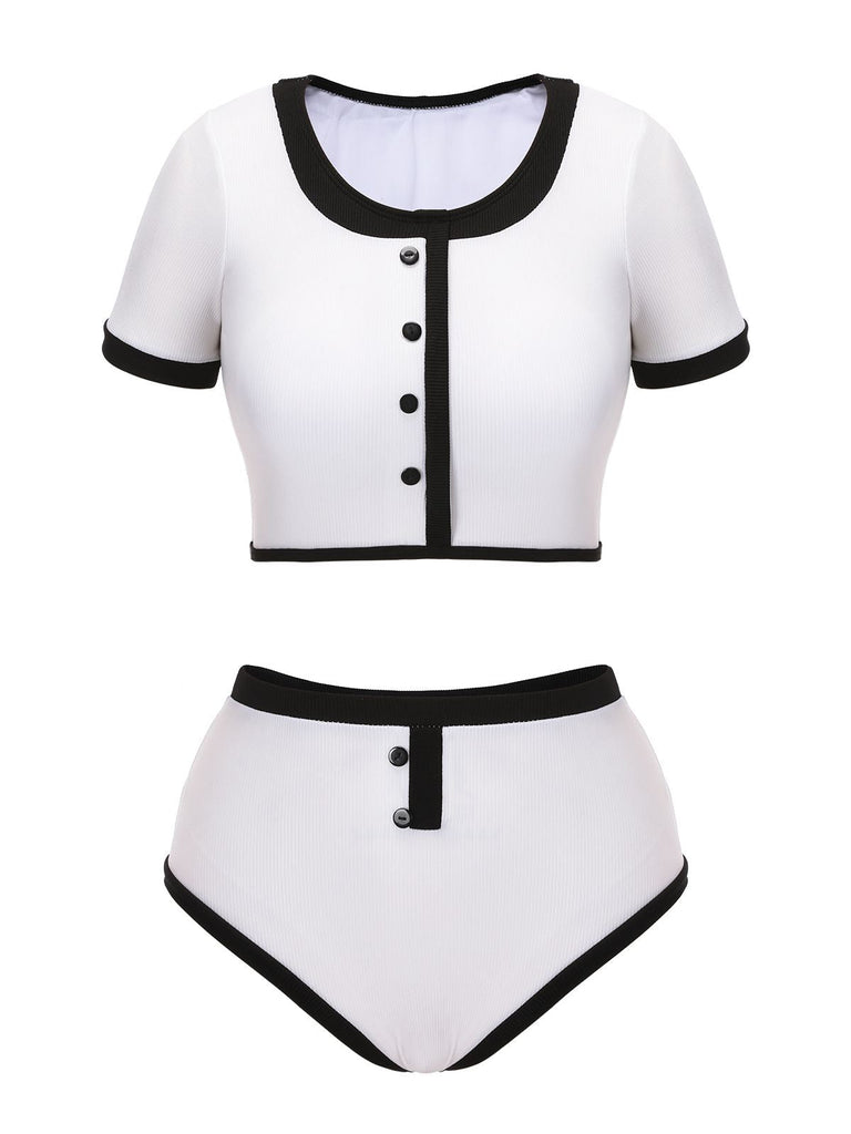 Maillot de bain boutonné patchwork bleu années 1940