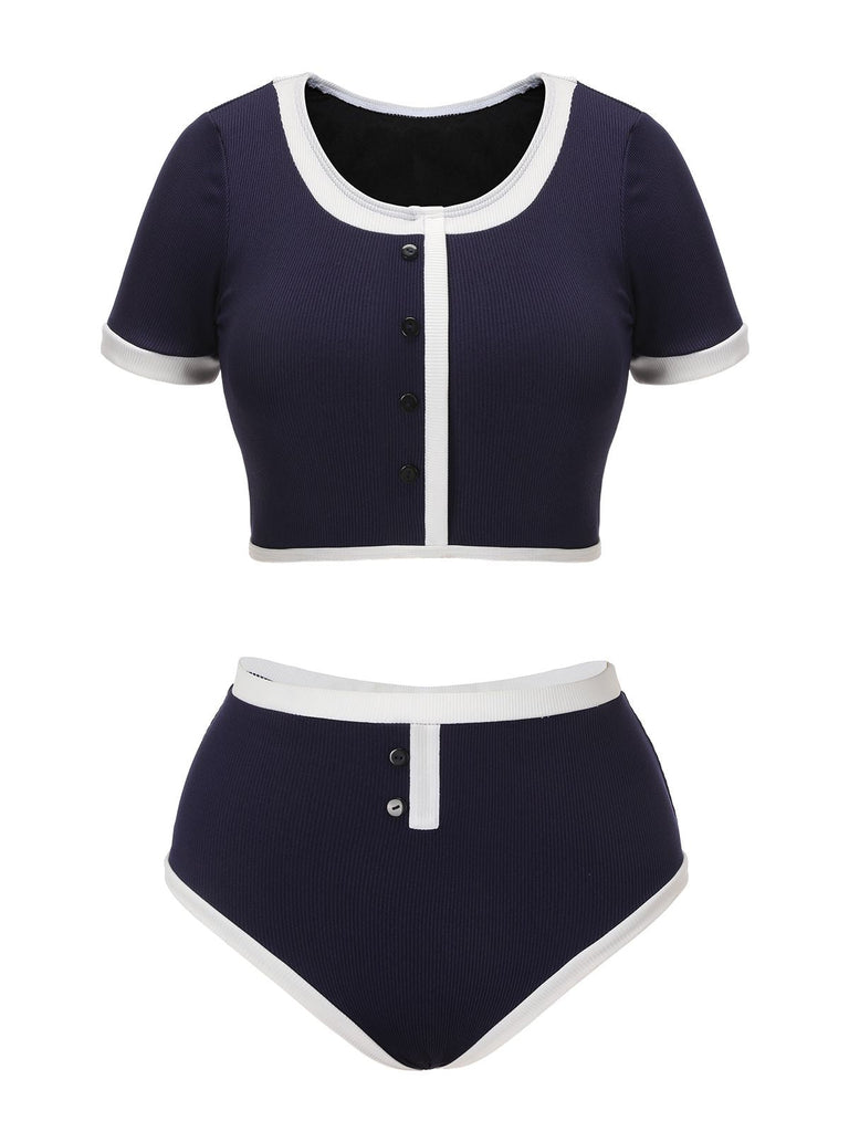 Maillot de bain boutonné patchwork bleu années 1940
