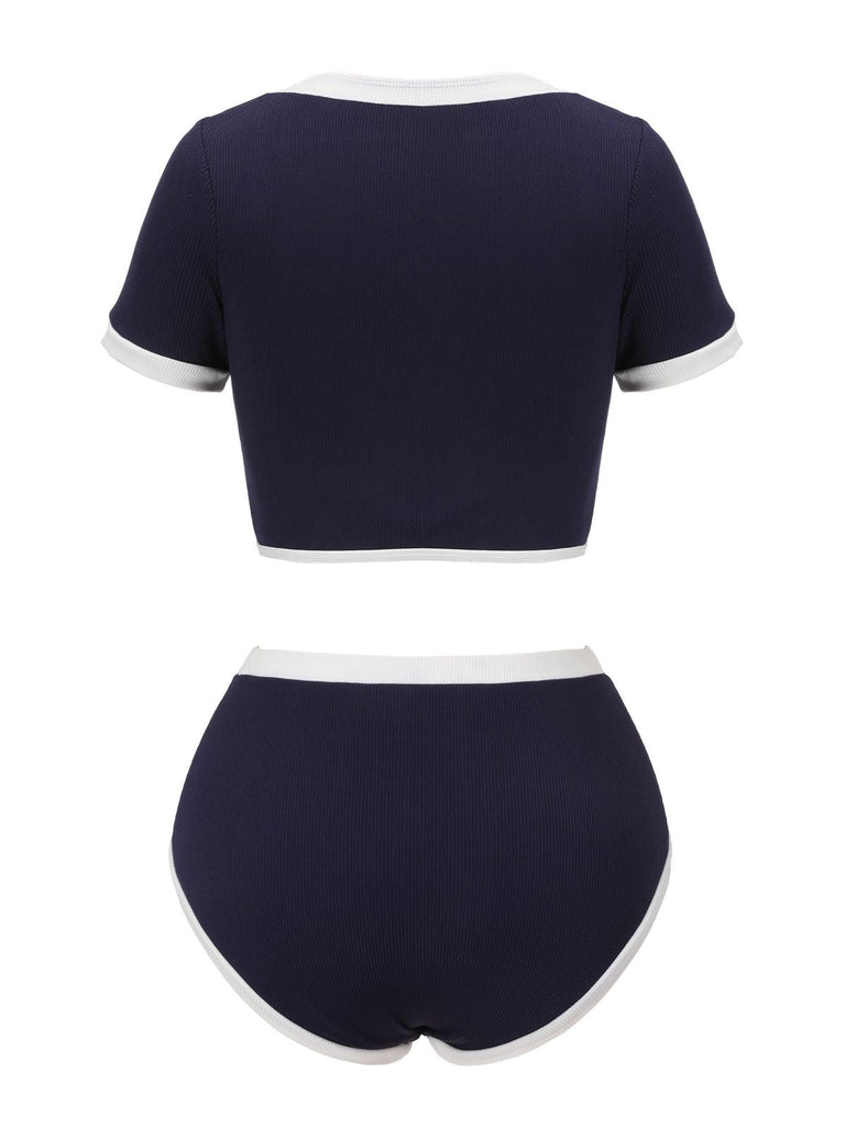 Maillot de bain boutonné patchwork bleu années 1940