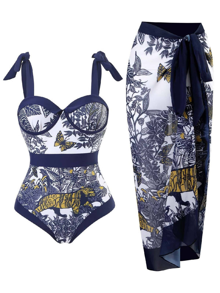 Maillot de bain une pièce bleu à licou floral des années 1940