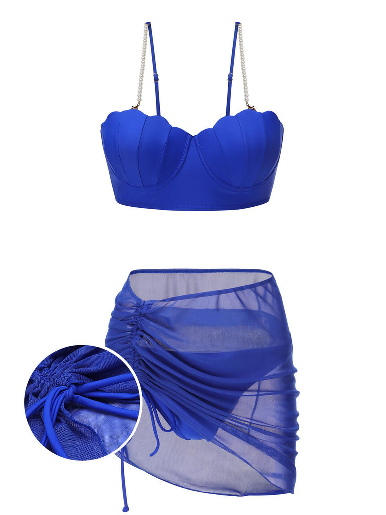 Maillot de bain bleu années 40 en forme de coquillage à bretelles spaghetti