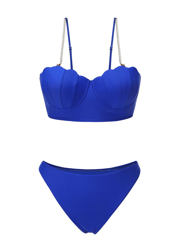 Maillot de bain bleu années 40 en forme de coquillage à bretelles spaghetti