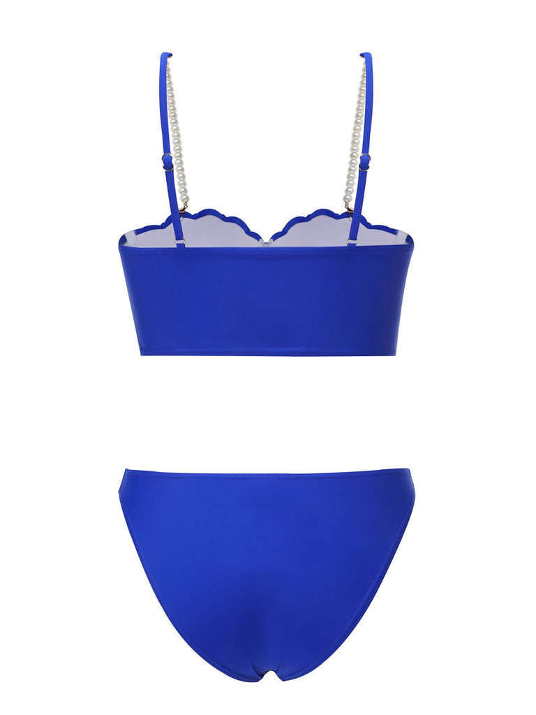 Maillot de bain bleu années 40 en forme de coquillage à bretelles spaghetti