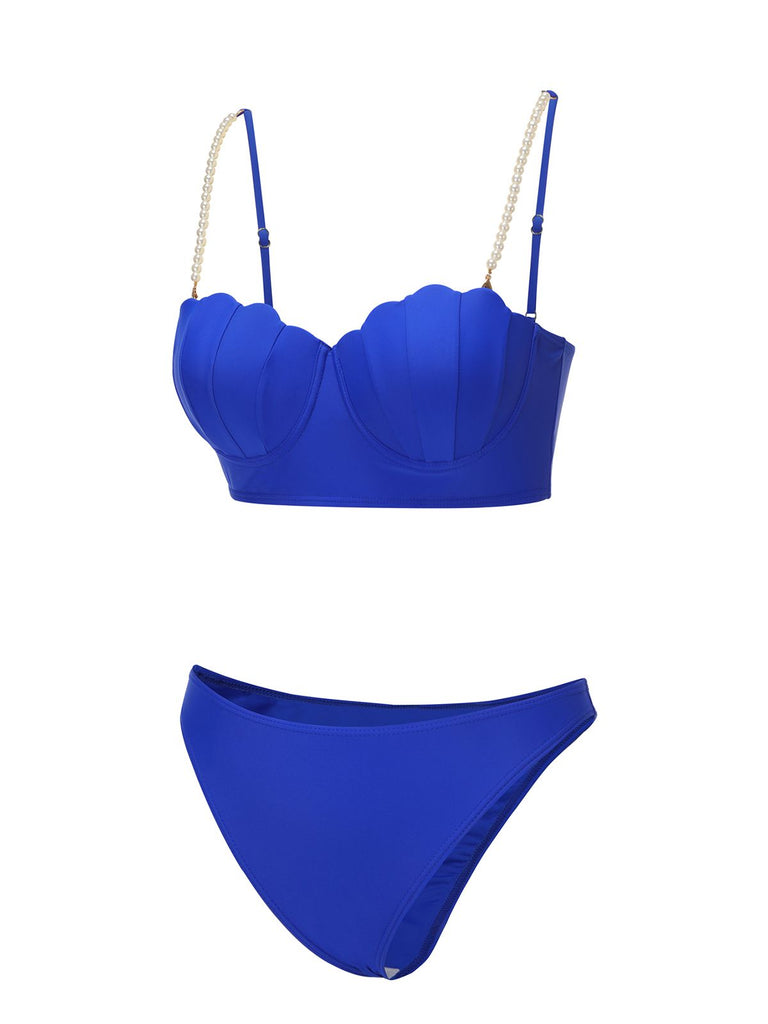 Maillot de bain bleu années 40 en forme de coquillage à bretelles spaghetti