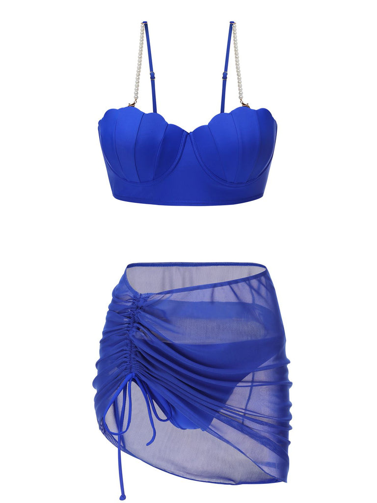 Maillot de bain bleu années 40 en forme de coquillage à bretelles spaghetti