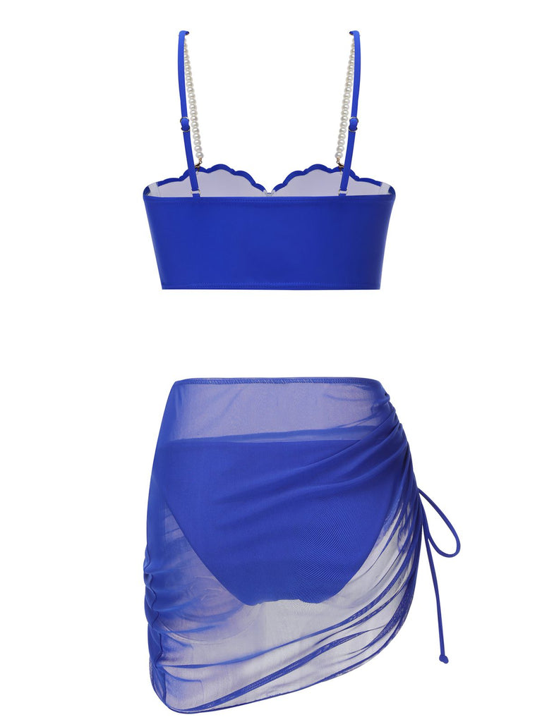 Maillot de bain bleu années 40 en forme de coquillage à bretelles spaghetti