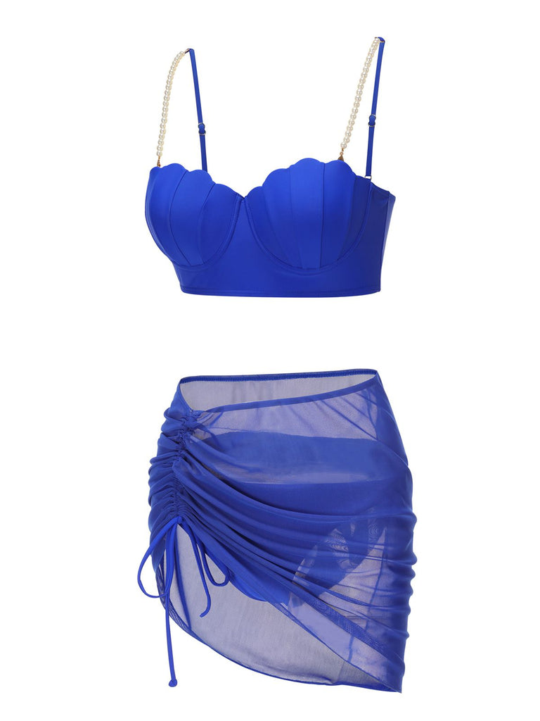 Maillot de bain bleu années 40 en forme de coquillage à bretelles spaghetti