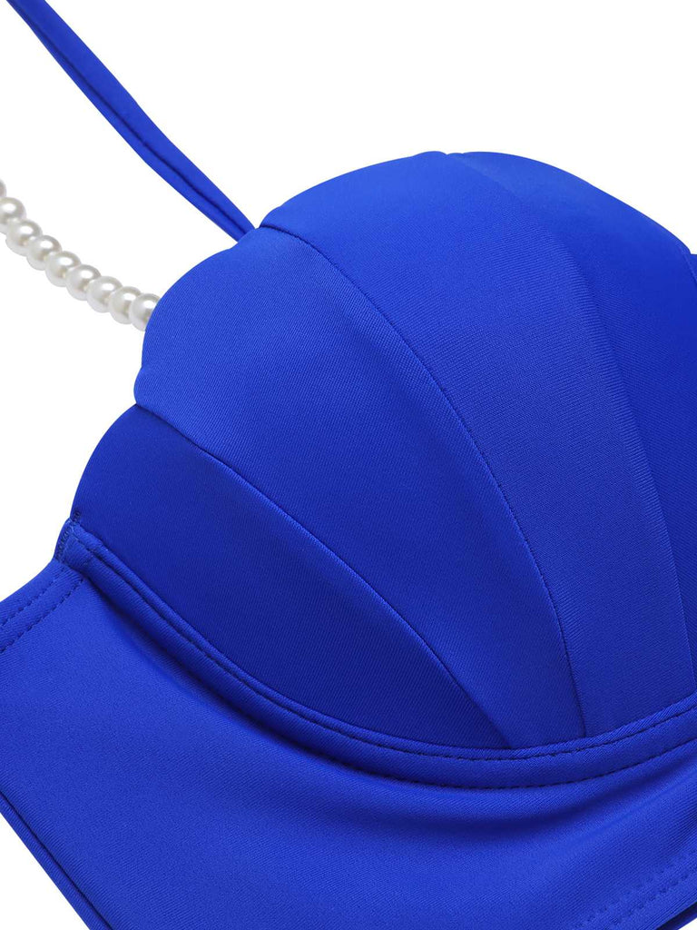 Maillot de bain bleu années 40 en forme de coquillage à bretelles spaghetti