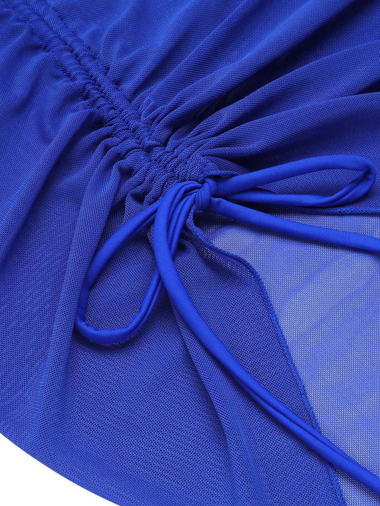 Maillot de bain bleu années 40 en forme de coquillage à bretelles spaghetti