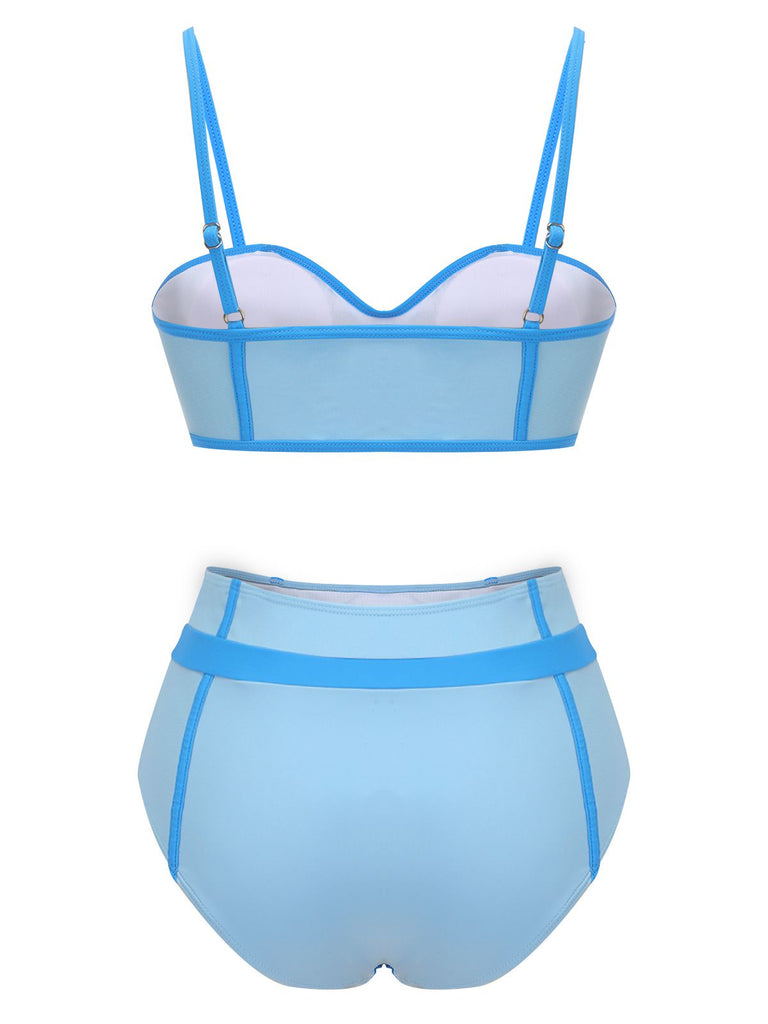 Maillot de bain bleu années 50 patchwork boutonné à bretelles