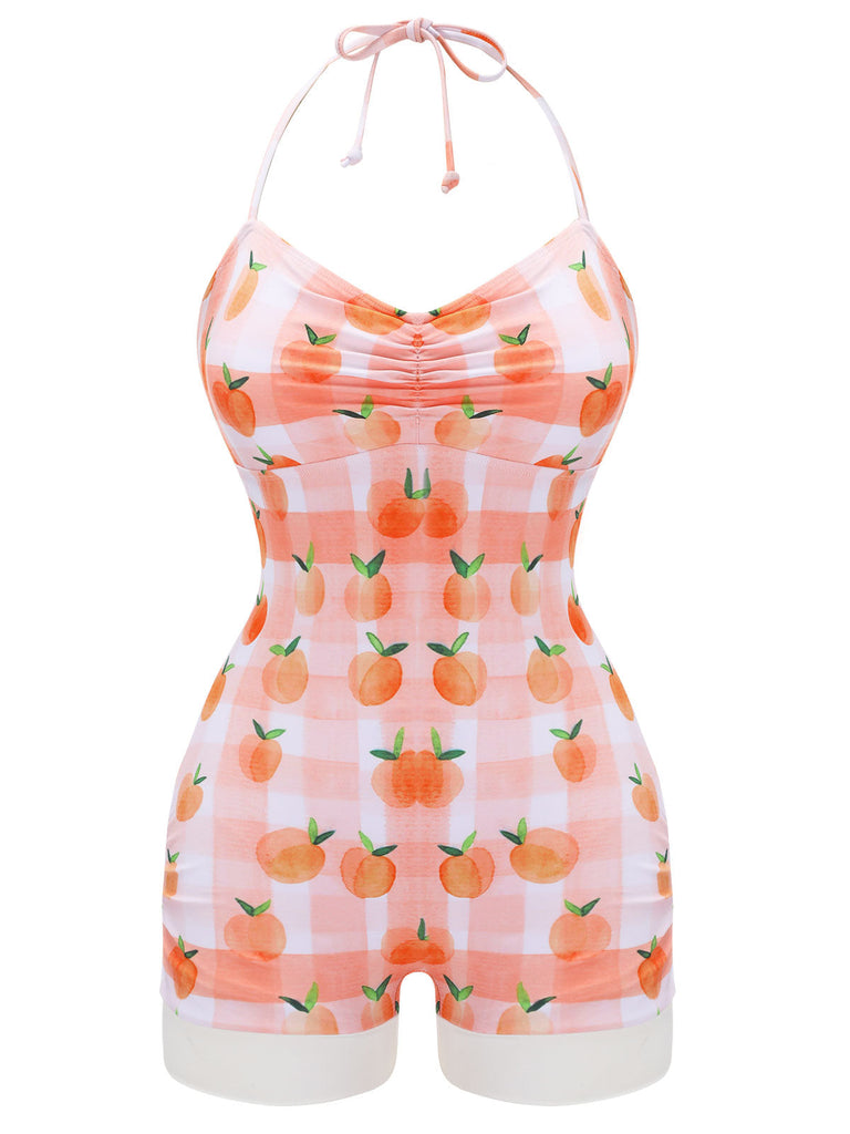 Maillot de bain rose clair années 1940 pêche à carreaux dos nu