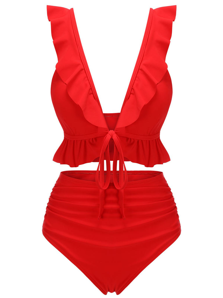 Maillot de bain rouge uni à volants et bretelles à col en V