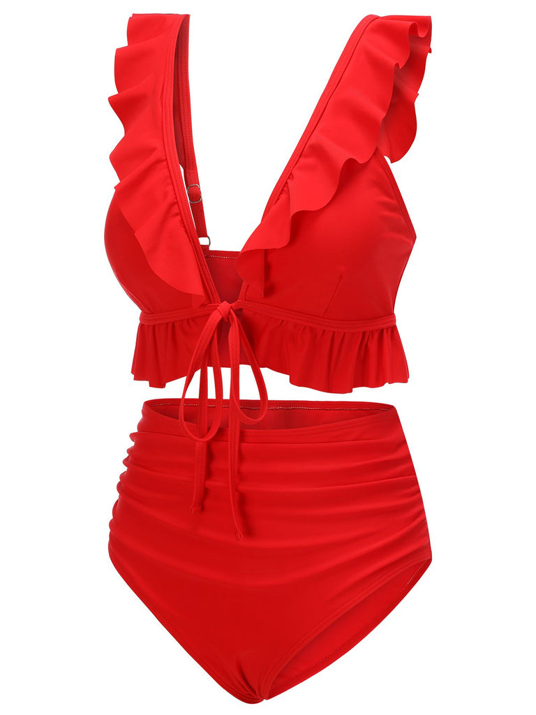 Maillot de bain rouge uni à volants et bretelles à col en V