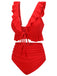 Maillot de bain rouge uni à volants et bretelles à col en V