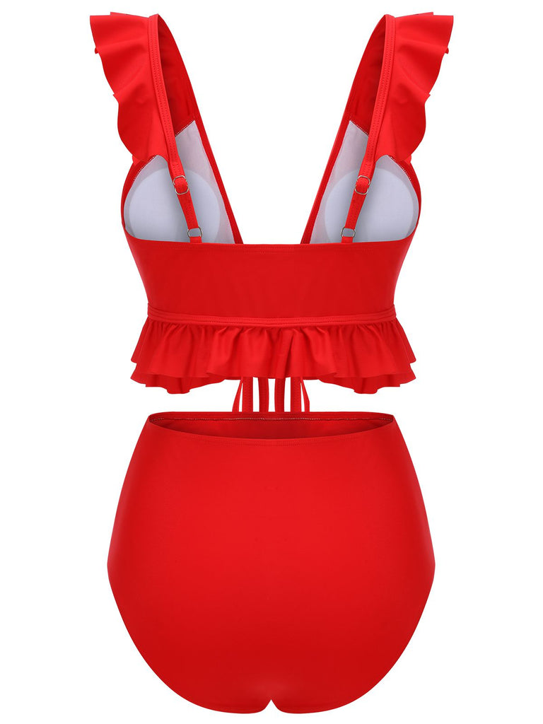 Maillot de bain rouge uni à volants et bretelles à col en V