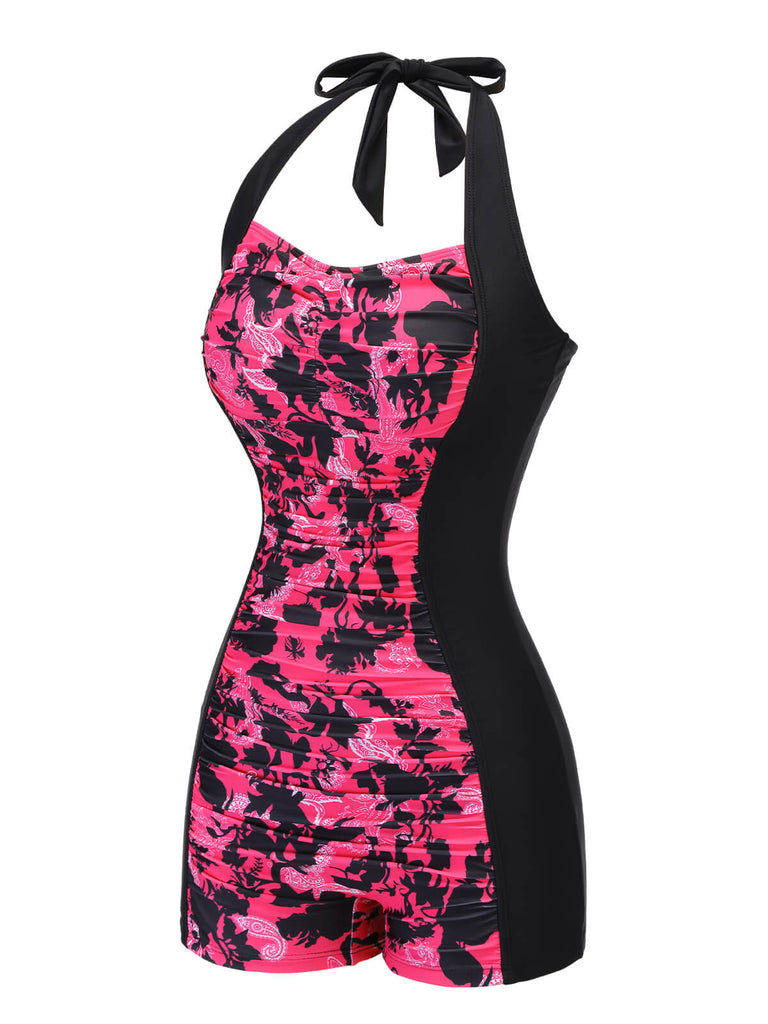 Maillot de bain noir et rose à licou floral des années 1950