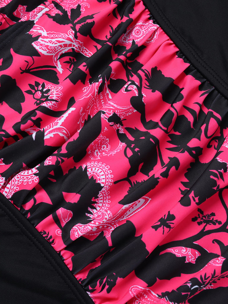 Maillot de bain noir et rose à licou floral des années 1950