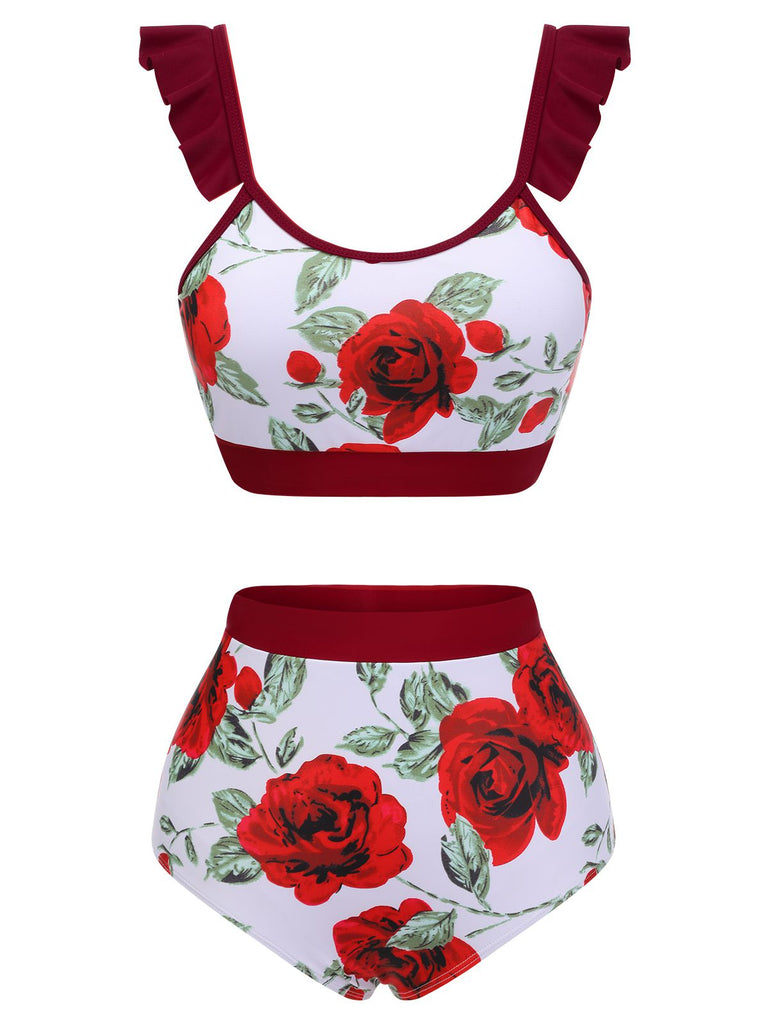 Maillot de bain rouge années 40 à volants roses patchwork