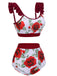 Maillot de bain rouge années 40 à volants roses patchwork