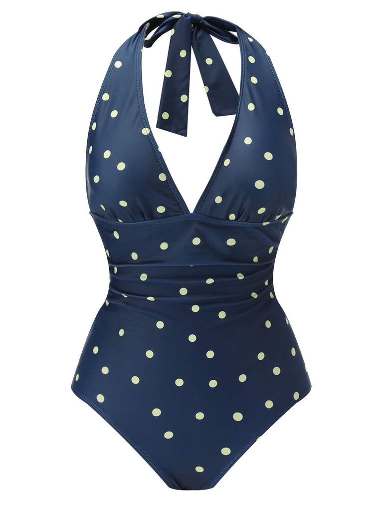 Maillot de bain bleu marine licou patchwork à pois des années 1960