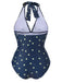 Maillot de bain bleu marine licou patchwork à pois des années 1960