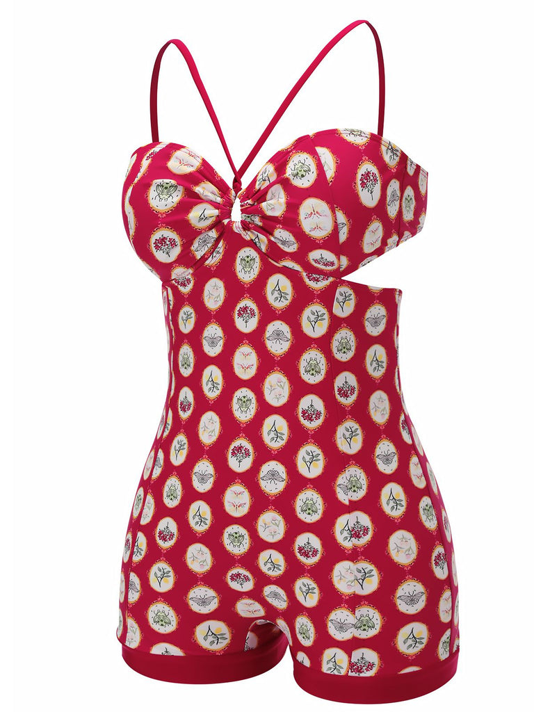 Maillot de bain une pièce fleuri rouge années 1950 à bretelles