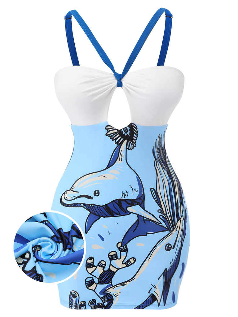 Maillot de bain une pièce bleu à licou dauphin des années 1940