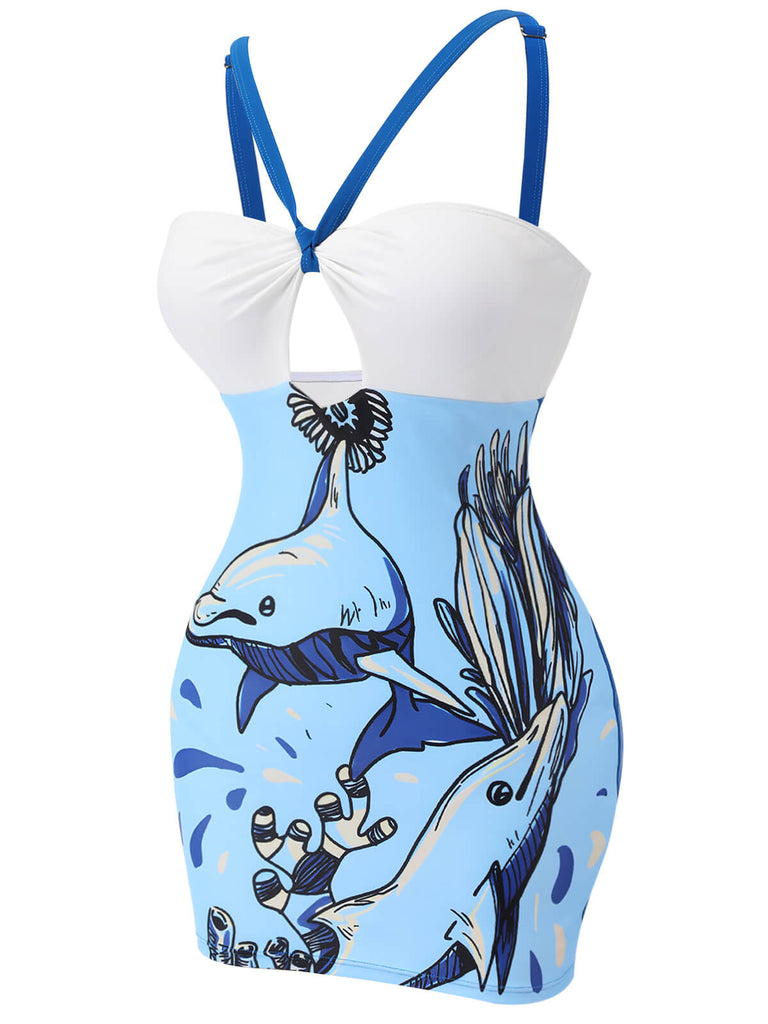 Maillot de bain une pièce bleu à licou dauphin des années 1940
