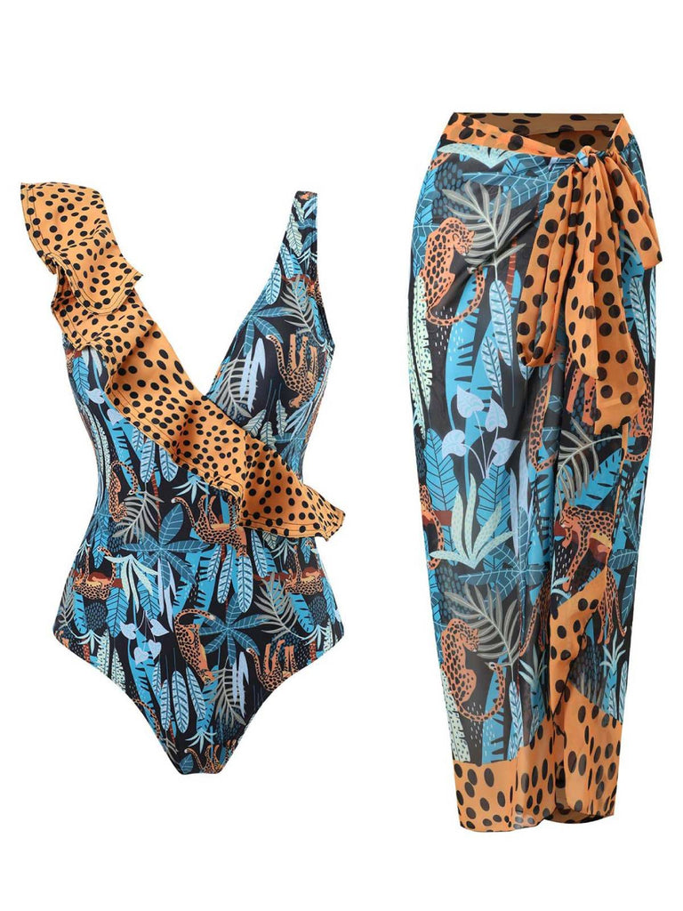 Maillot de bain et cache-maillot léopard à pois et volants années 1960